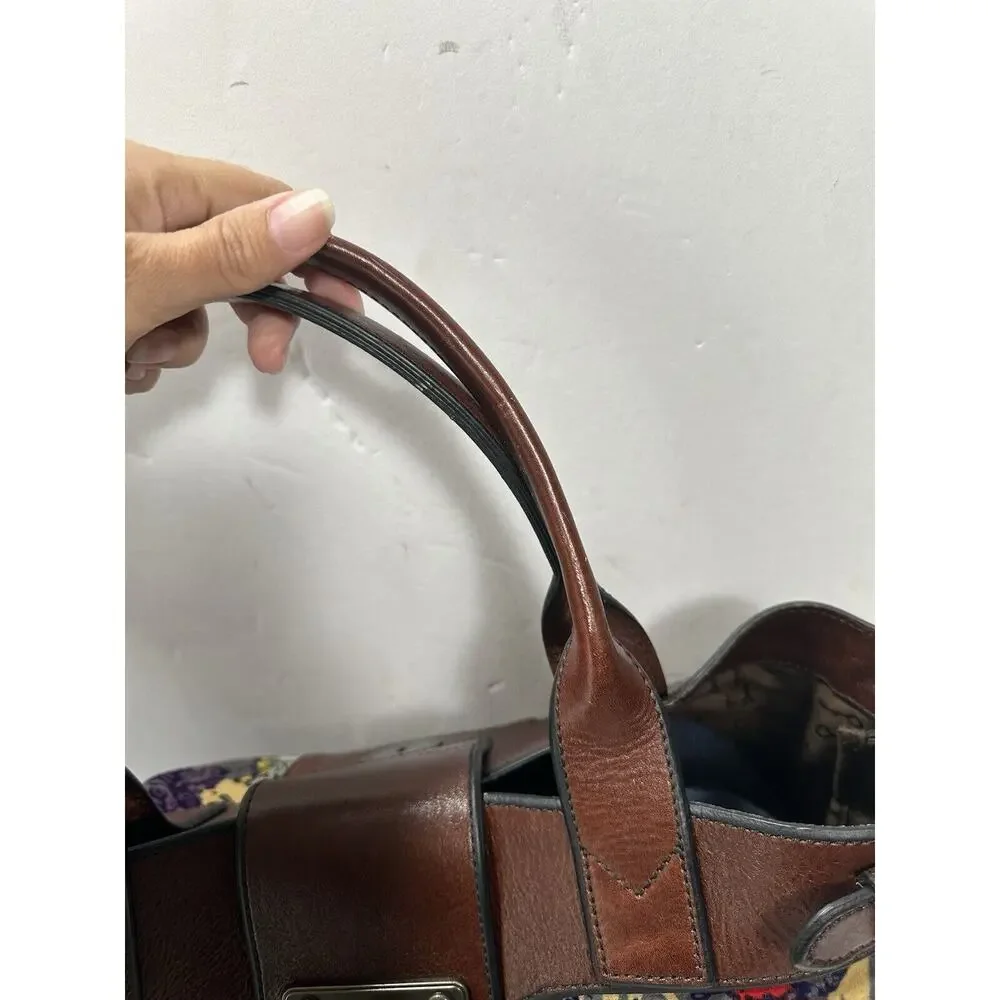 FOSSIL Vintage Reissue Weekender‎ Tapestry Print Brown Leather Shoulder Handbag
